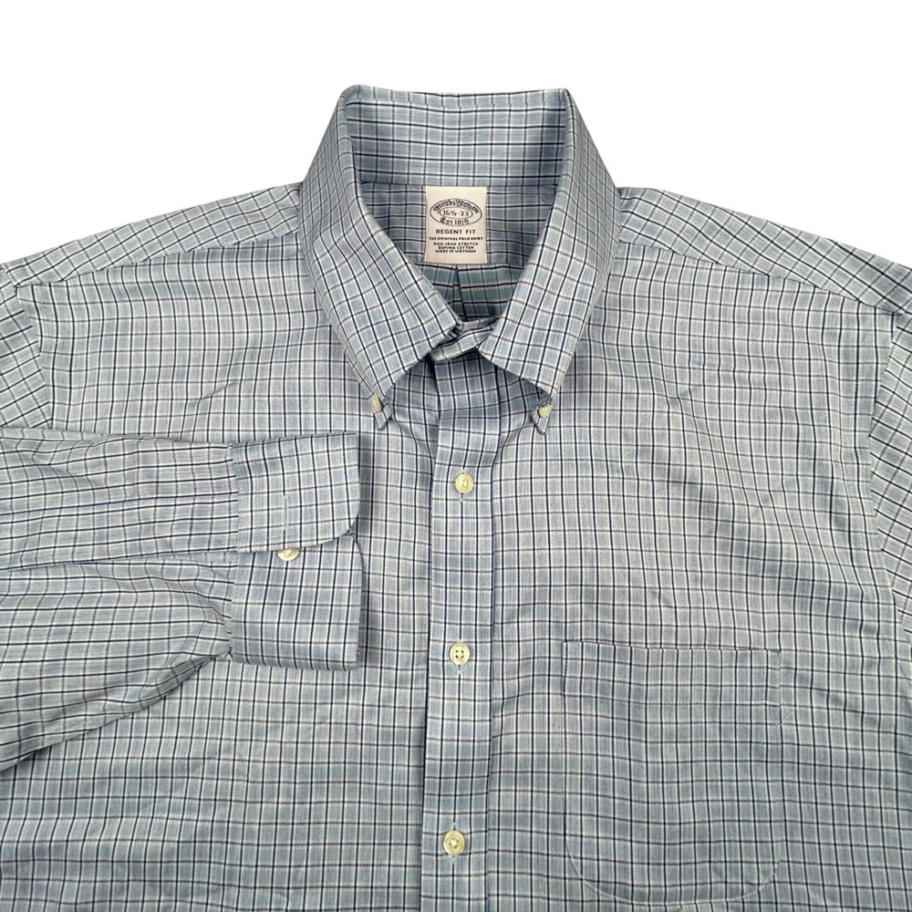 Brooks‎ Brothers Regent Shirt Mens 16.5-33 Blue Check Non-Iron Stretch Supima